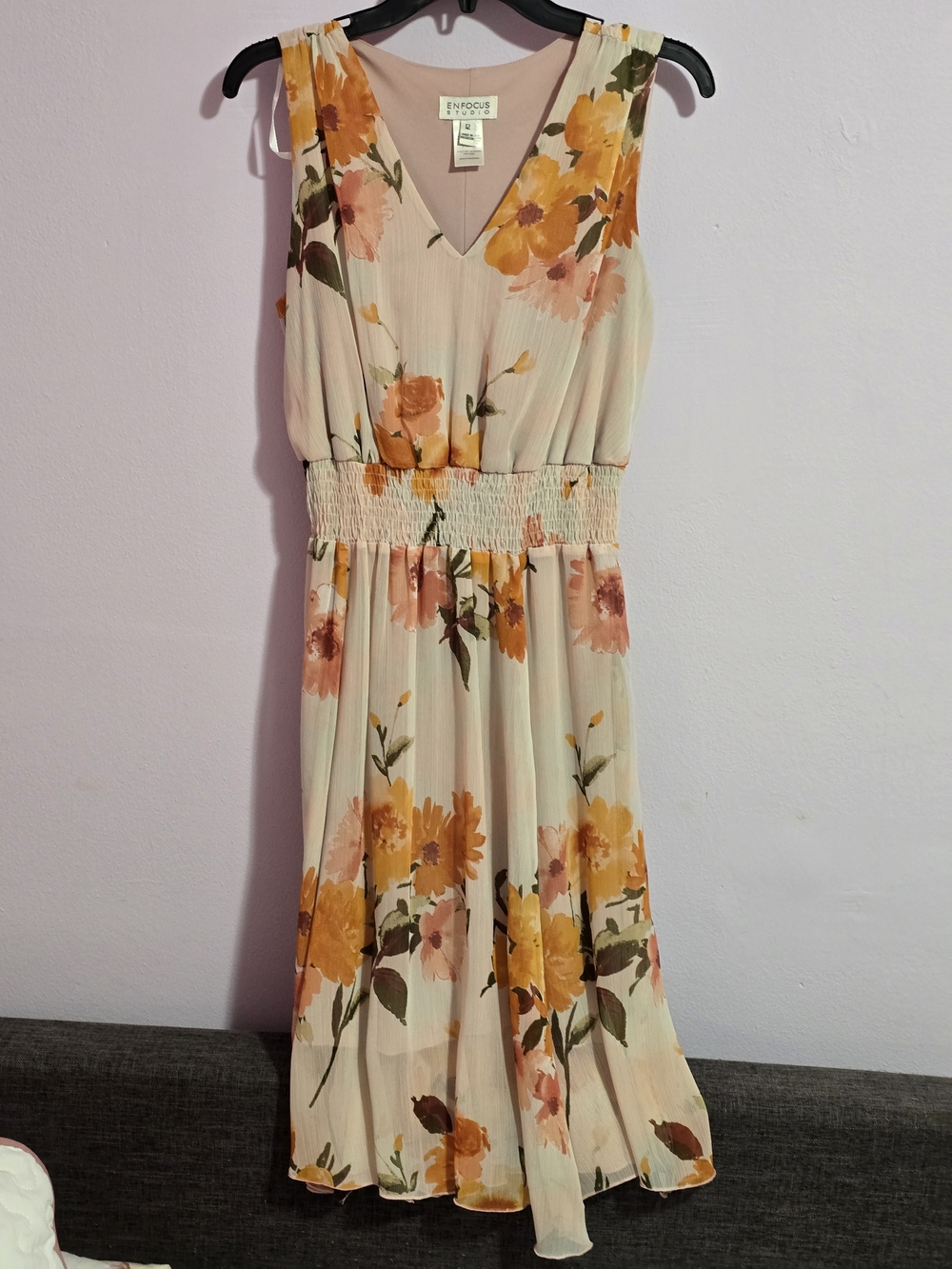 Enfocus Studio Cream Midi Dress with Orange and Blush Floral Print